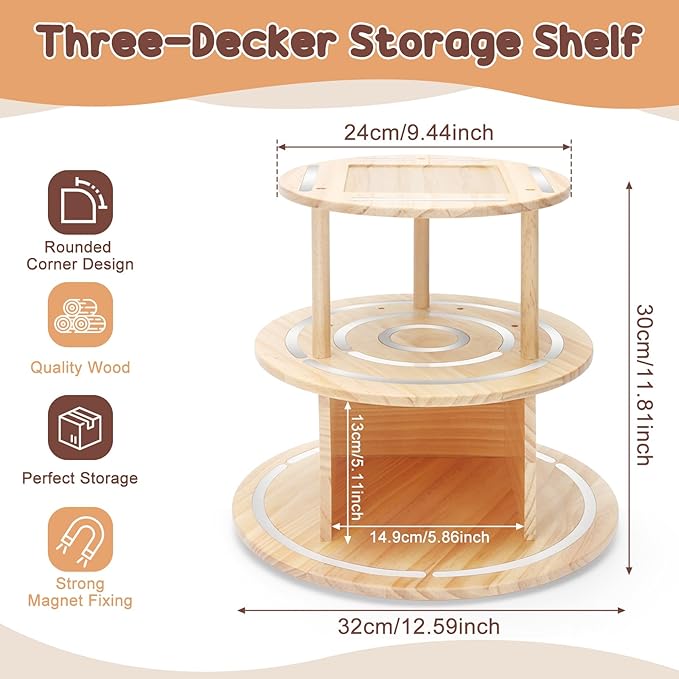 360° Rotating Storage Shelf for Toniebox1/2, 3-Tier Organizer Holder for 30~40 Tonies Figures, Wooden Magnetic Stand Display for Tonie Box + Characters + Tonieplay Game + Controller