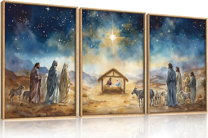 LHIUEM Large Bible Christian Religious Framed Canvas Wall Art Set,Birth of Jesus Nativity Wall Decor,Christmas Mary and Joseph Artwork for Living Room,Bedroom,Dining Room,Office -24"x36"x3
