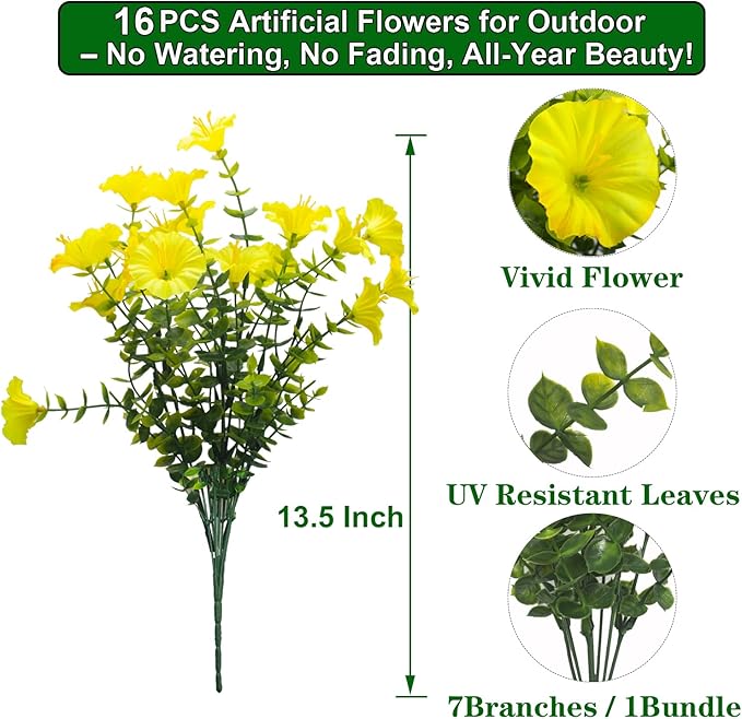 Grunyia Artificial Flowers - 16 Bundles UV Resistant Yellow Faux Silk Plastic Outdoor Fake Plants, Realistic Greenery Foliage for Porch Planter Window Box Garden Indoor Home Decor