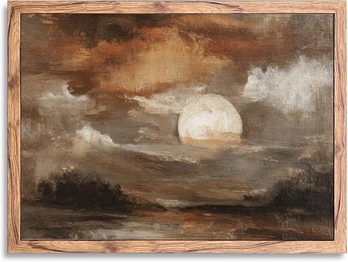 KBBYT Large Framed Wall Art Moody Abstract Moonlit Landscape Poster Canvas Print Vintage Classic Rustic Painting Pictures Wall Decor for Living Room Bedroom Home Decoration 24x36inch Wood Framed