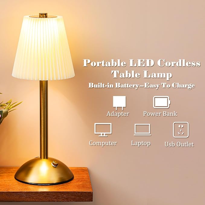 Liliful 6 Pcs Cordless Table Lamp Rechargeable Touch LED Small Gold Portable Battery Operated USB-c Desk Lamp 3 Color Dimmable for Bedroom Living Room Dining (Gold,Beige Cloth Style)