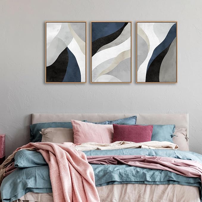 Large Abstract Framed Wall Art - Canvas Wall Art Pictures Prints for Living Room Decor Natural Float Framed Artwork for Bedroom Kitchen Home Office Decoration 48" X 24" Set of 3 Blue Grey
