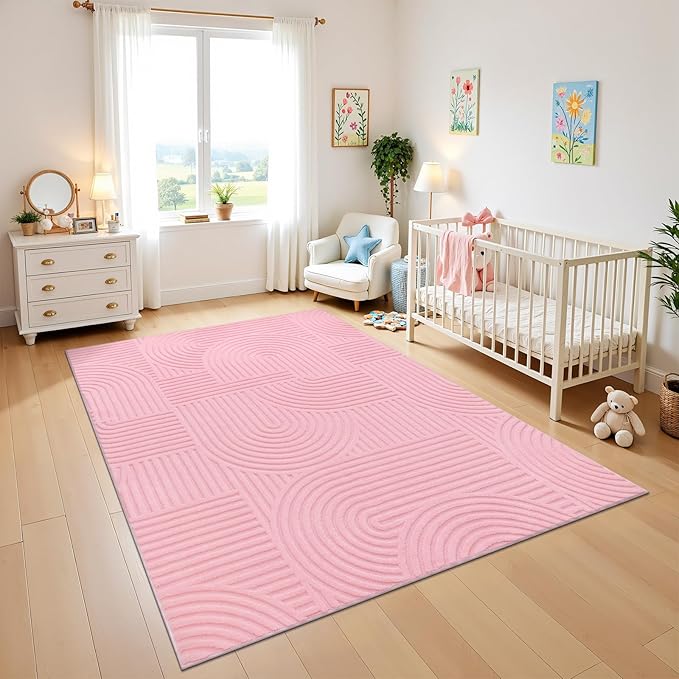 Pauwer Pink Area Rug for Girls Bedroom 5x7 Soft Fluffy Non Slip Machine Washable Rugs Arch Modern Indoor Mat Fuzzy Floor Carpet for Kids Nursery Living Room Dorm Playroom Dining Baby Home Decor