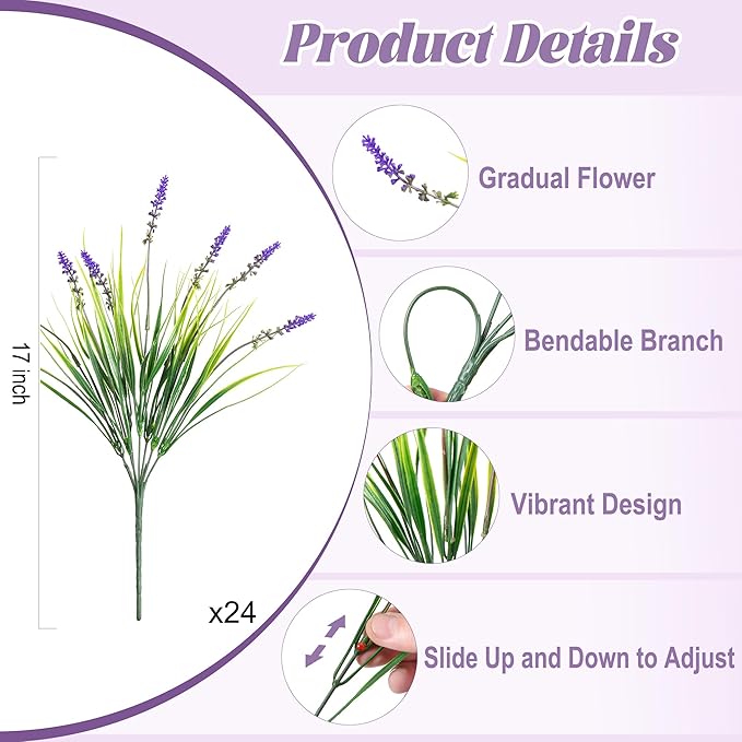 Ammyoo 24 Pcs Artificial Faux Plants for Outdoor Spring Decoration, Fake Monkey Grass for Garden Porch Balcony Planters, Fake Greenery Shrubs UV Resistant No Fade Plants Bush for Pathway(Purple)