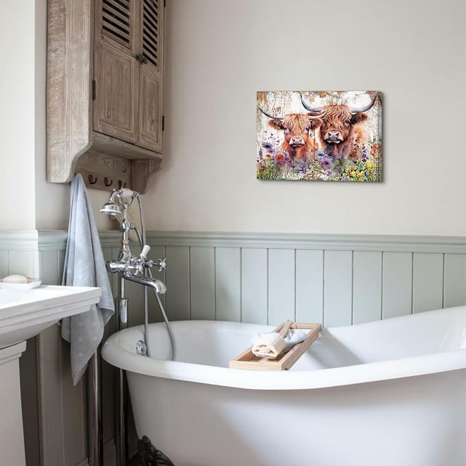 Farmhouse Highland Cow Wall Art Rustic Cow Floral Pictures Wall Decor Western Country Cattle Canvas Print Bathroom Painting Watercolor Animal Wildflower Artwork Kitchen Living Room Nursery Home