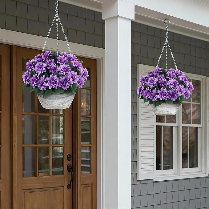 VIERENA 8 Bundles Artificial Dahlia Flowers for Outdoors Spring Summer Decor, No Fade Silk Flower Faux Dahlias Plant Arrangement for Home Garden Balcony Farmhouse（Purple）