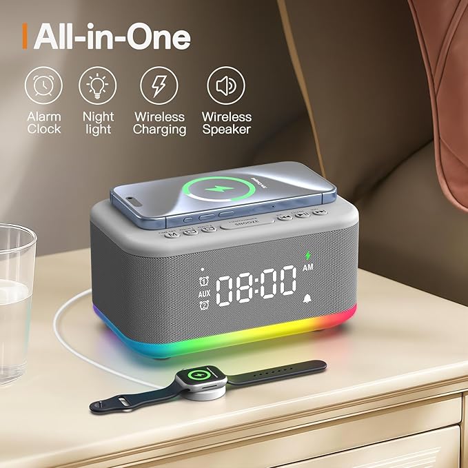 Wireless Charging Alarm Clock Bedroom, Digital Alarm Clocks Bedrooms Bluetooth, Loud Bluetooth Speaker Alarm Clock Night Light Dual Alarm Snooze 12/24H Dimmer Bluetooth AUX USB Charging, Grey