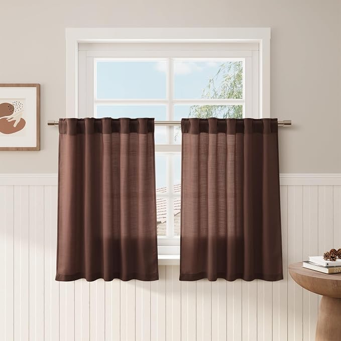 Rustic Brown Kitchen Tier Curtains 24 Inch Length Linen Blend Privacy French Country Light Filtering Short Curtain with Rod Pocket Back Tab for Over Sink Window Bathroom Laundry 2 Panels 30Wx24L