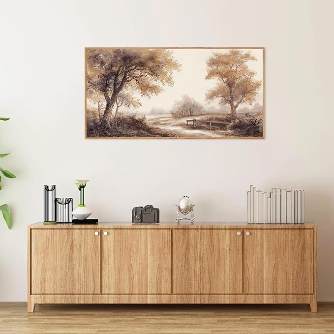 Rantodecor Vintage Landscape Framed Canvas Wall Art, Rustic Tree Sketch Wall Decor, Large Claming Nature Forest Art Paintings, Modern Relax Farmhouse Artwork for Bedroom Living Room 40"x20"