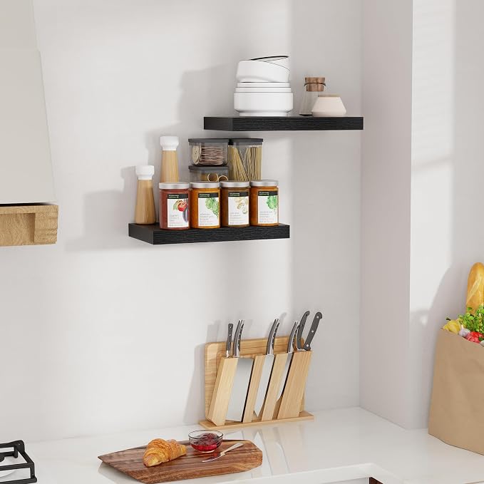 Floating Shelves for Wall, 16 inch Black Shelves 9.3in Deep Wooden Shelf, Floating Wall Shelves for Kitchen, Bathroom, Living Room & Bedroom Organizer, 16 x 9.3 x 1.5 in, 2 Packs