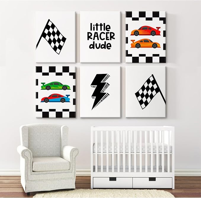 Race Car Wall Art Pictures Boys Room Wall Decor Nursery Toddler Canvas Wall Art Kids Playroom Art Prints Boys Race Car Poster Nursery Artwork Set of 6 for Bedroom 12x16 Inch Framed