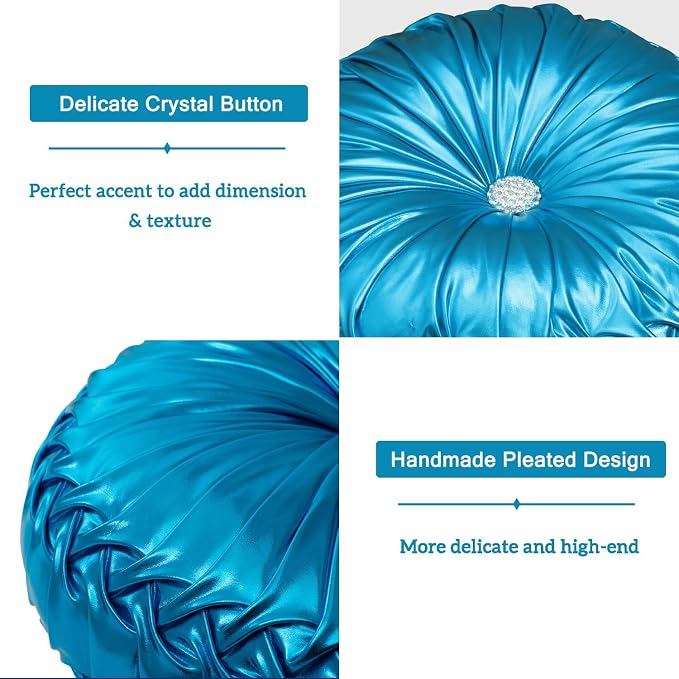 HIG Set of 2 Handcrafted Blue Ruched Round Throw Pillows – 14.5’’ Metallic Leather Decorative Pillows with Soft Polyester Filling for Couch, Bed, Living Room, Bedroom, or Dorm