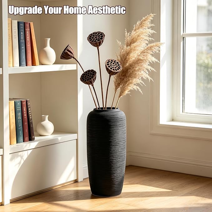 Large Rustic Ceramic Black Vase,15.7 Inch Tall Pottery Farmhouse Decor Floor Vase Vintage Flower Vases for Home Living Room Entryway Table Centerpiece Decor,Terracotta Vases,Wedding Gift