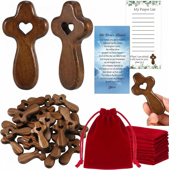 Bucherry Olive Wood Cross My Heart Small Pocket Crosses with Bags and Prayer Cards Jesus Christian Holding Hand Crosses Bulk for Christmas Baptism First Communion Gift(25 Set,Dark,2.36 Inches)