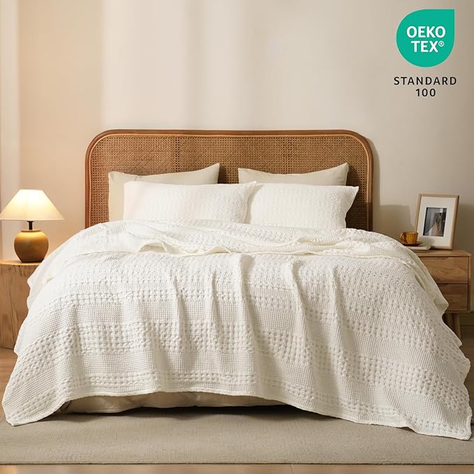 PHF 100% Cotton Waffle Blanket King Size for Bed, Lightweight Breathable and Soft for Summer, Luxury Aesthetic Waffle Weave Blanket for Home Decor & Gifts for Women, 108"x90", Ivory