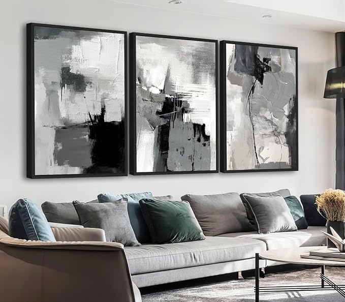 Large Framed Canvas Wall Art - Retro Grey Graffiti Pictures for Living Room Rustic Abstract Wall Decor Vintage Prints for Bedroom Dinning Room Black Float Framed 24" X 36" X 3 pcs
