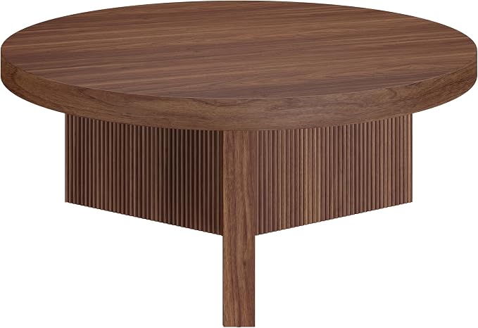 Henn&Hart 36" Fluted Round Low-Profile Coffee Table with Ribbed Pedestal Base Living Room, Family Room, or Office, Medium Walnut