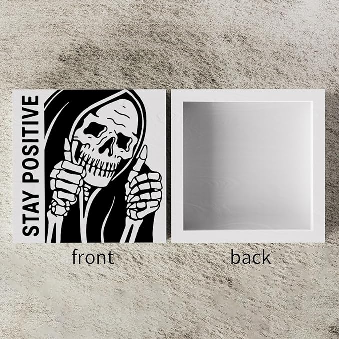 Inspirational Skeleton Man Wooden Box Sign Plaque Stay Positive White Wood Box Sign Rustic Art Home Office Shelf Desk Decor 5 x 5 x 1.2 Inches
