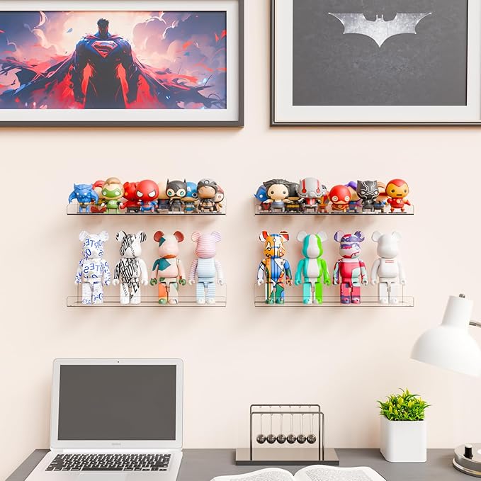 Yieach 6 Pack 15" Acrylic Shelves for Wall,Bathroom,Bedroom - with Adhesive - No Drilling Clear Floating Shelves for Funko Pop,Lego,Action Figures,Nail Polish,Perfume Shelf and Wall Storage & Display