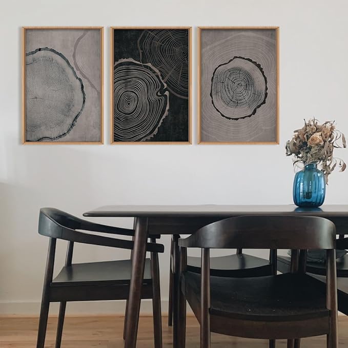 Ausril Large Neutral Tree Ring Framed Canvas Wall Art Set, Modern Beige Wood Stump Wall Decor, Nature Tree Spiral Prints,Minimalist Black Gray Artwork for Living Room, Bedroom, Office - 24"x36"x3