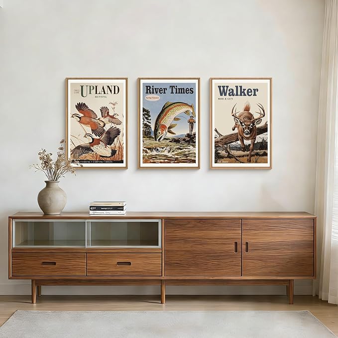 LHIUEM Vintage Hunting Framed Canvas Wall Art,Retro Deer Wild Birds Fishing Wall Decor,Nature Wilderness Posters Artwork for Living Room,Bedroom,Dining Room,Farmhouse -16"x24"x3