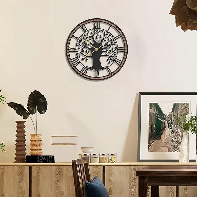 Micasso Wall Clocks Battery Operated: 15Inch Farmhouse Tree of Life Metal with Wood Frame - Rustic Roman Numerals Clock for Living Room/Office/Bedroom/Kitchen - Home Decor for Fashion-Conscious