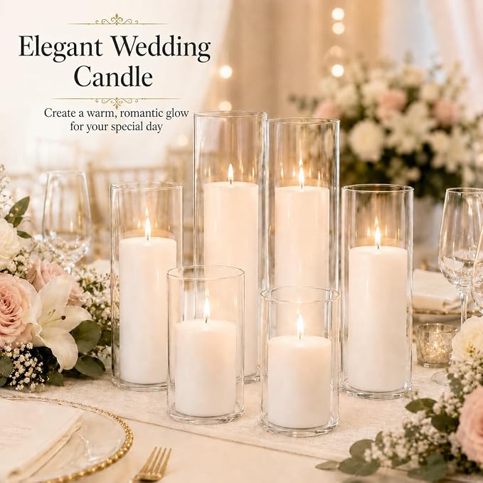 Set of 6 White Pillar Candles with Clear Glass Hurricane Holders- Elegant Cylinder Candle Vases for Weddings, Parties, Centerpieces, Home & Office Decor (White, 6 Set)