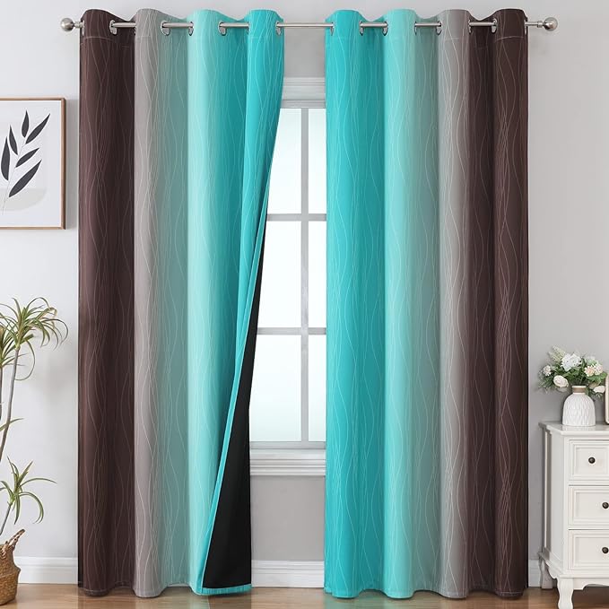 Estelar Textiler Full Room Darkening Gradient Blackout Curtains 96 Inch Length 2 Panels Set, Ombre Teal and Brown Thermal Insulated Full Light Blocking Grommet Blackout Drapes for Bedroom, 52Wx96L