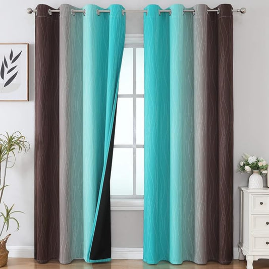 Estelar Textiler Full Room Darkening Gradient Blackout Curtains 96 Inch Length 2 Panels Set, Ombre Teal and Brown Thermal Insulated Full Light Blocking Grommet Blackout Drapes for Bedroom, 52Wx96L