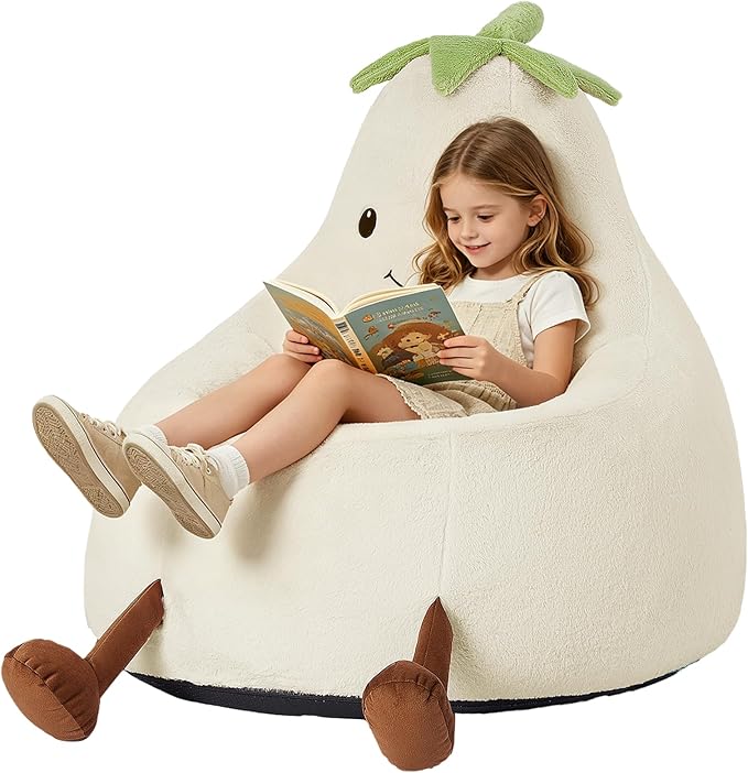 24 Inches Memory Foam Bean Bag Chair - Ultra Soft Faux Rabbit Fur Round Sofa with Handle & Machine Washable Cover, Eggplant-Shaped Kids Reading Chair for Bedroom, Living Room and Playroom, Beige