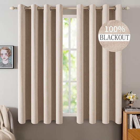 MIULEE Linen Textured Curtains for Bedroom Solid 100% Blackout Thermal Insulated Natural Beige Grommet Room Darkening Curtains & Drapes Luxury Decor for Living Room Nursery 52 x 64 Inch (2 Panels)