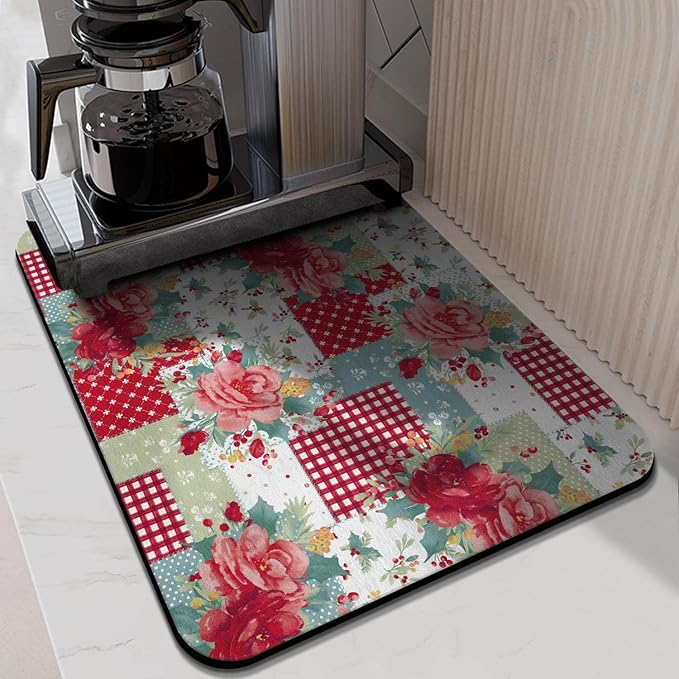 Coffee Bar Mat Accessories for Countertop Absorbent Anti-Slip Silicone Pioneer Flower Dish Drying Mats for Kitchen Counter Draining Pad Decor Gift Fit Coffee Maker Coffee Pot Espresso Machine 24x18in