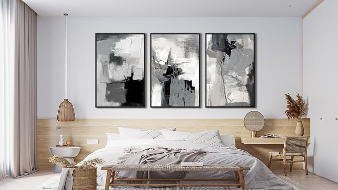 Large Framed Canvas Wall Art - Retro Grey Graffiti Pictures for Living Room Rustic Abstract Wall Decor Vintage Prints for Bedroom Dinning Room Black Float Framed 20" X 28" X 3 pcs