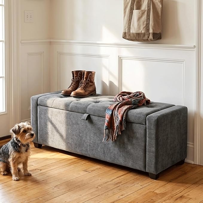 47" White Ottoman Bench, Comfort Bed End Storage Bench for Living Room | Versatile design works as a coffee table or footstool; easy assembly, sturdy structure, and comfortable padded cushion.