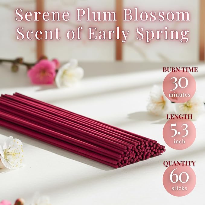 Ume Plum Blossom Premium Japanese Incense Sticks 60sticks Coreless Low Smoke Natural Charcoal Free Non Toxic Kyoto Aroma Aromatherapy Meditation Calming Stress Relief Relaxation TOMORI