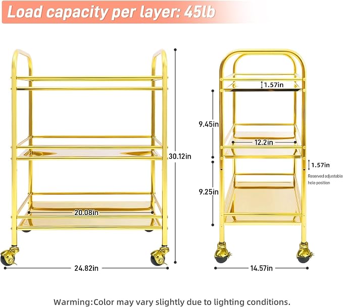 susunnus 3-Tier Gold Stainless Steel Bar Cart with Lockable Wheels,Home bar | Electroplated golden coating,with 4D guardrail,fall prevention,rustproof,wheels upgrated,for kitchen,living room,dinner party