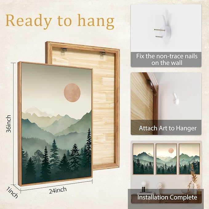 SIKERIC Sage Green Boho Mountain Wall Art, Large Modern Sunrise Framed Canvas Art Prints Set of 3, Nature Landscape Wall Decor, Watercolor Misty Forest Wall Paintings for Living Room, Bedroom- 24X36in