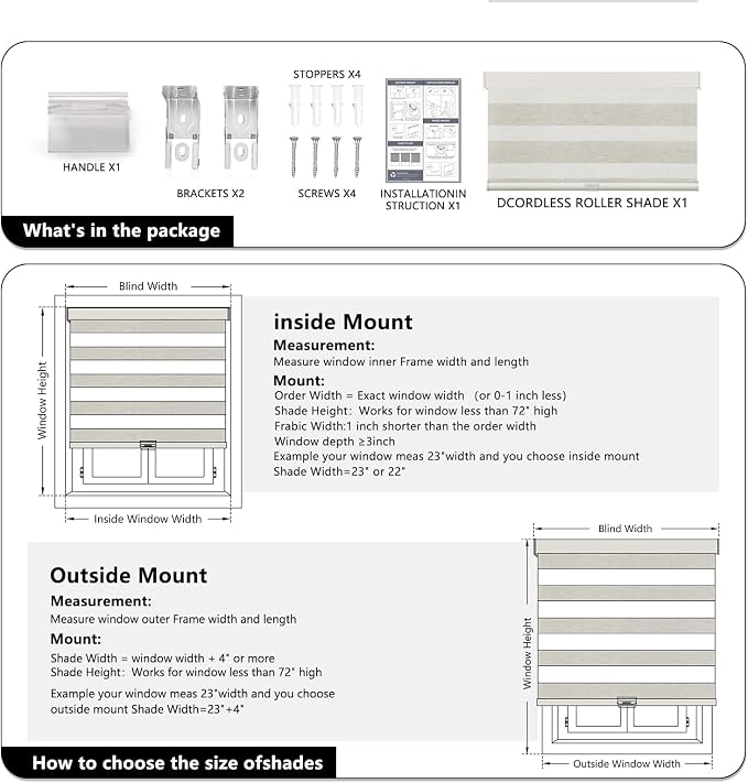 AOSKY Cordless Zebra Blinds for Windows Pull Down Roller Window Shades Dual Layer Light Filtering Privacy for Day and Night, Free-Stop Door Shades for Home Easy to Install Linen Cream 32" W X 72" H