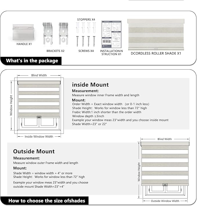 AOSKY Cordless Zebra Blinds for Windows Pull Down Roller Window Shades Dual Layer Light Filtering Privacy for Day and Night, Free-Stop Door Shades for Home Easy to Install Linen Cream 33.5" W X 72" H