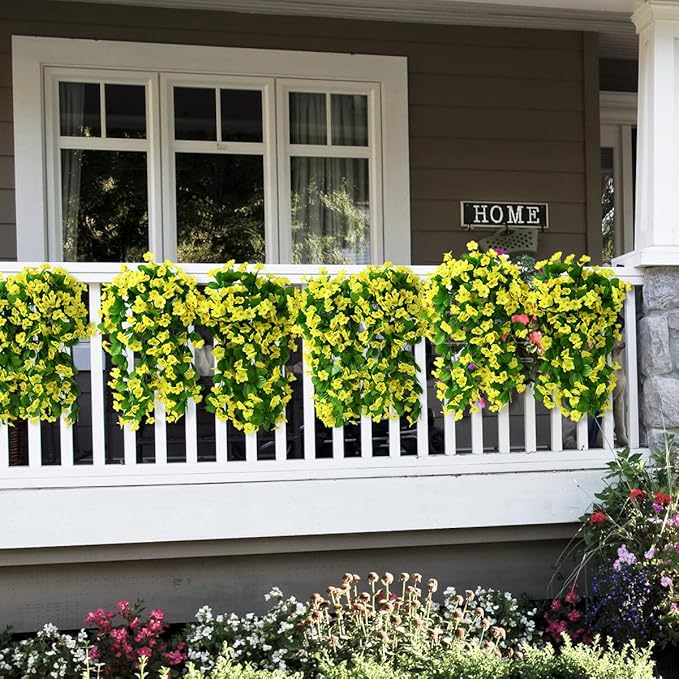 ZFProcess Artificial Fake Hanging Flowers Plants for Outdoor Spring Summer Decoration, 2PCS Faux Silk Violet UV Resistant Look Real Trailing Vines for Outside Home Planter Porch Patio(Yellow)