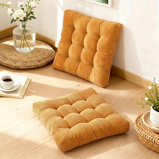 Meditation Floor Pillow Set of 2,Memory Foam Meditation Cushion for Adults Sitting, Large Square Thickened Seat Cushions for Yoga, Tatami Living Room (2, Orange)
