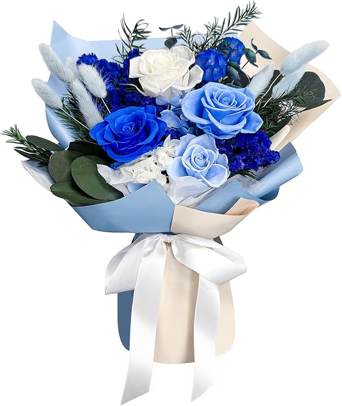 FNCHAI Preserved Roses Bouquet – Flowers for Delivery, Valentines Day Gifts for Him, Long-Lasting Romantic Real Roses for Anniversary, Graduation, Father’s Day & Beach Weddings (Blue)