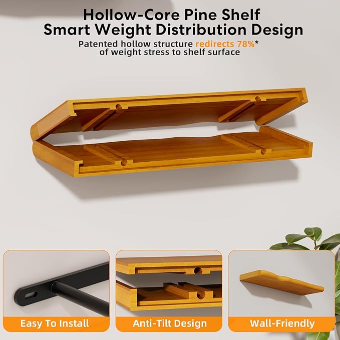 Floating Shelves for Wall Rustic Farmhouse 36 Inch Floating Shelf Bathroom Wooden Shelves for Wall Mounted Live Edge Pine Shelf with Unique Natural Grain for Bedroom Kitchen (Honey Walnut)