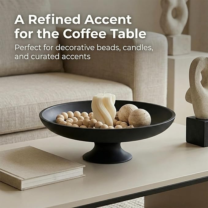 Black Concrete Fruit Bowl, Large Decorative Pedestal Bowl for Kitchen Counter, Modern Centerpiece Bowl for Coffee Table, Entryway Key Catch All Bowl, Black Home Decor