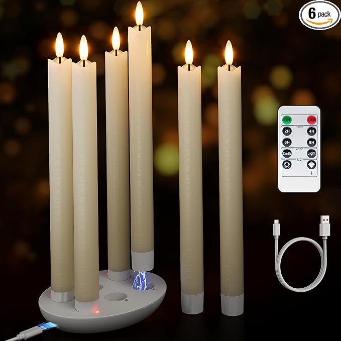 Rechargeable Flameless Taper Candles with Remote, Charging Base, 6 Pcs | 0.78x9.6" ivory wax LED tapers, 3D flicker, 2.5-hour USB-C charge, up to 160-hour runtime for Home Wedding Christmas Decor