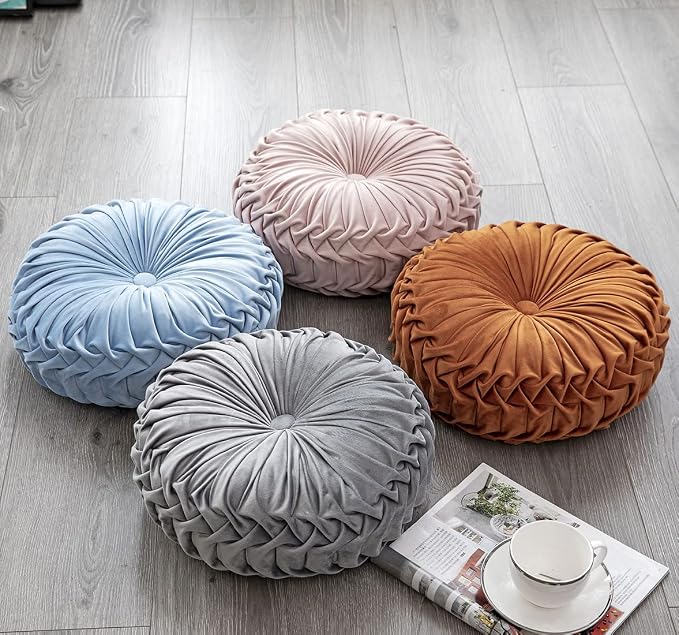 vctops Orange Fall Velvet Seat Cushions Round Floor Pillows Thicken Chair Cushions Pleated Chair Pads Seat Pad Throw Pillows for Bedroom Living Room (Orange,Diameter 14")