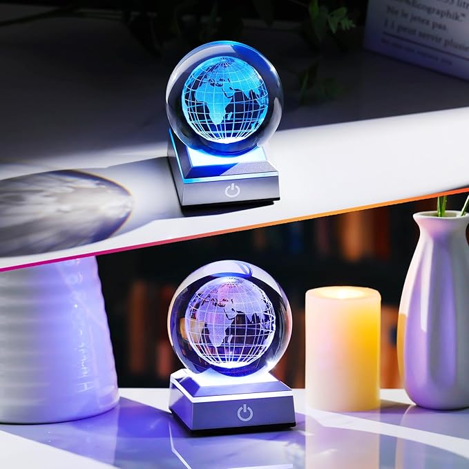 3.15'' 3D Earth Crystal Ball with Silver LED Colorful Light Base, Science Universe Astronomy Gifts for Astronomy Lovers, Kids, Engraved Earth Model Decor Figurine Collection for Home Decor