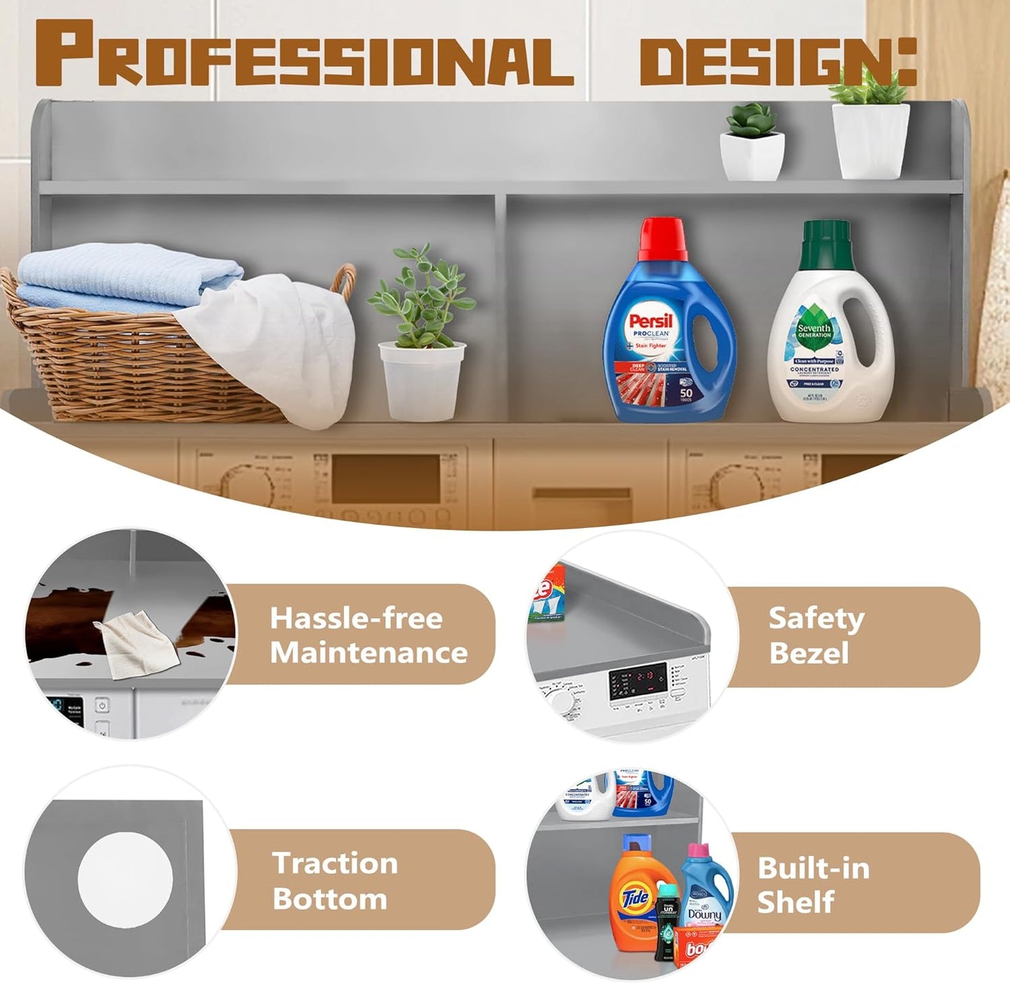 Royxen 2-Tier Washer Dryer Countertop,19.5"H Wood Washer and Dryer Topper with Storage Shelf,Laundry Countertop Over Washer Machine, Universal Fit for Laundry Room Organization (Grey,54"W X 27.5"D)