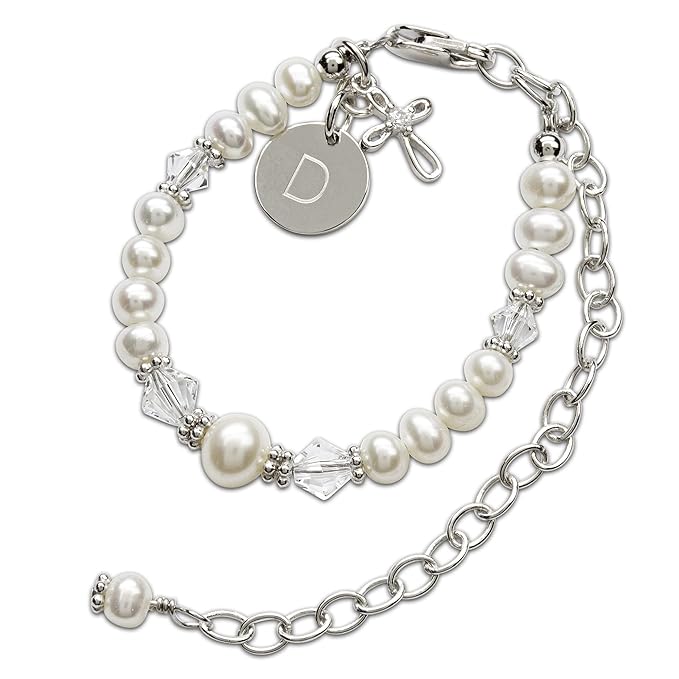 Cherished Moments Personalized Baptism to Bride Cross Bracelet Gift for Girls with Initial Charm in 925 Sterling Silver and Cultured Pearl