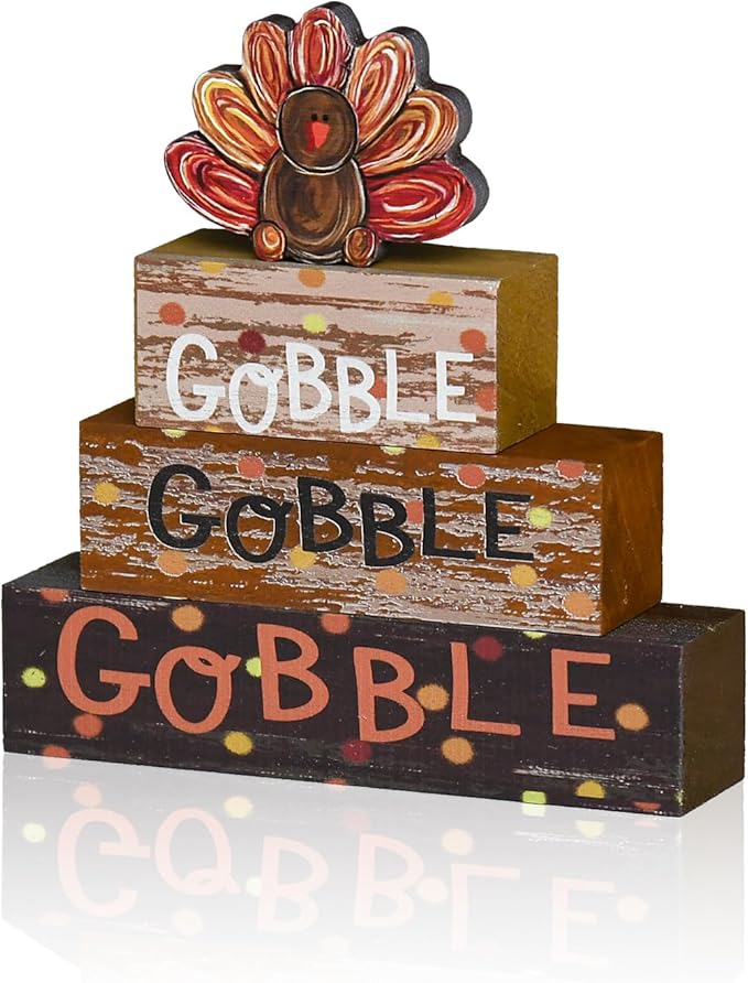 Smile Thanksgiving Decor Indoor Wooden Block Signs, Turkey Decor Gobble for Rustic Farmhouse Home, Thanksgiving Table Tiered Tray Kitchen Decorations